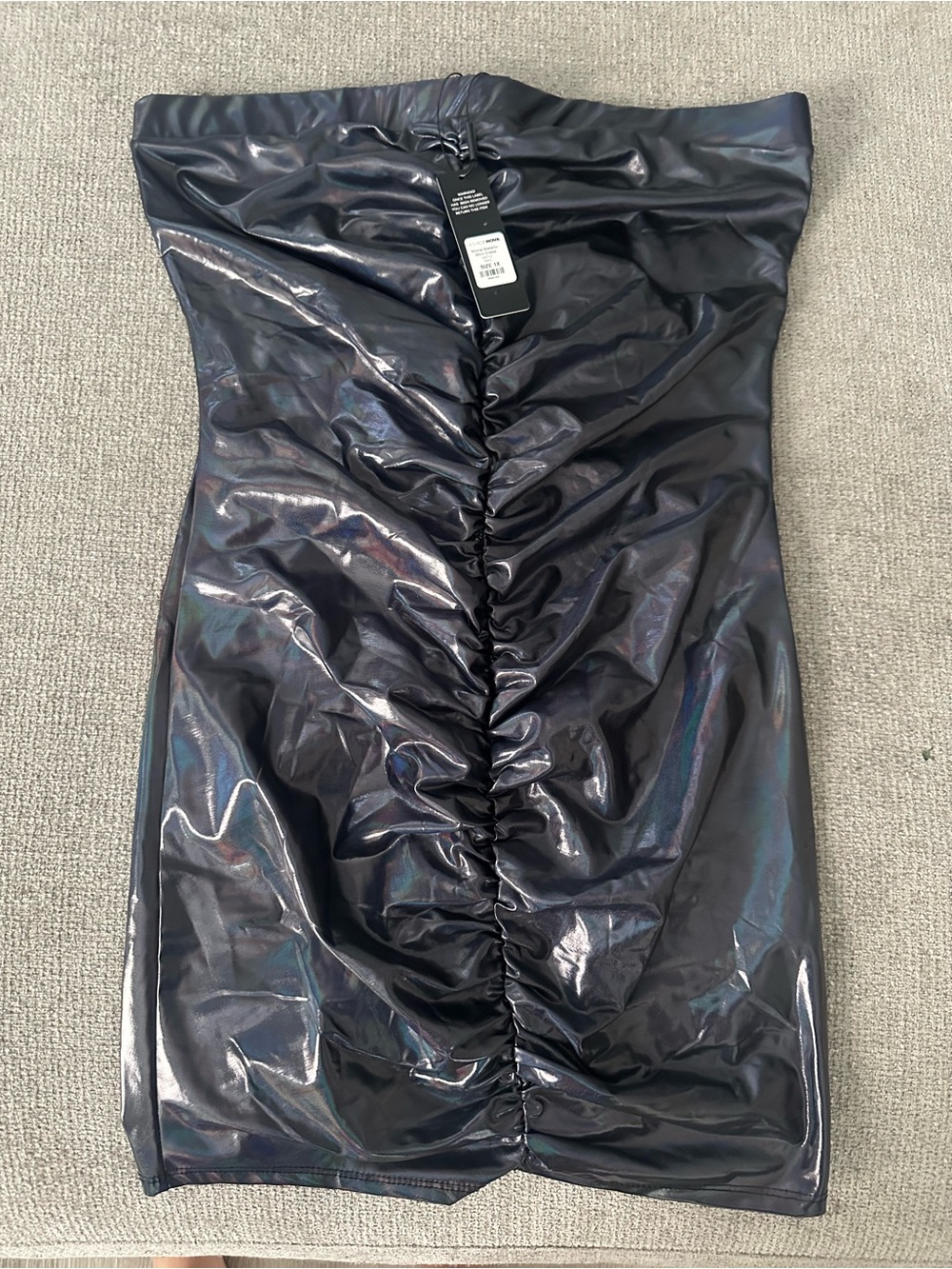 Strapless Iridescent Navy Ruched Mini Dress